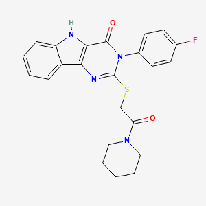 molecular formula C23H21FN4O2S B2676697 3-(4-fluorophenyl)-2-(2-oxo-2-piperidin-1-ylethyl)sulfanyl-5H-pyrimido[5,4-b]indol-4-one CAS No. 536710-64-2