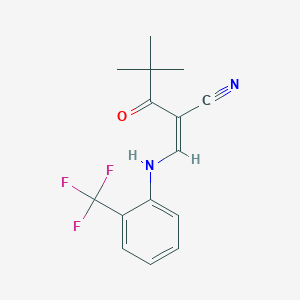 molecular formula C15H15F3N2O B2676702 2-(2,2-Dimethylpropanoyl)-3-((2-(trifluoromethyl)phenyl)amino)prop-2-enenitrile CAS No. 1025230-57-2