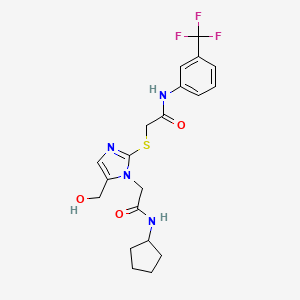 molecular formula C20H23F3N4O3S B2676712 2-{[1-[2-(cyclopentylamino)-2-oxoethyl]-5-(hydroxymethyl)-1H-imidazol-2-yl]thio}-N-[3-(trifluoromethyl)phenyl]acetamide CAS No. 923202-22-6