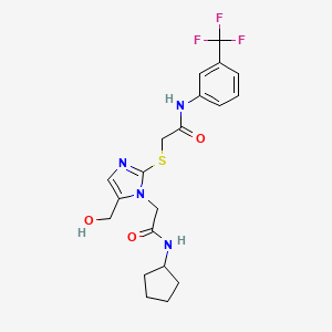 molecular formula C20H23F3N4O3S B2676712 2-{[1-(2-(环戊基氨基)-2-氧代乙基)-5-(羟甲基)-1H-咪唑-2-基]硫醚}-N-[3-(三氟甲基)苯基]乙酰胺 CAS No. 923202-22-6