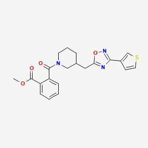 molecular formula C21H21N3O4S B2676731 Methyl 2-(3-((3-(thiophen-3-yl)-1,2,4-oxadiazol-5-yl)methyl)piperidine-1-carbonyl)benzoate CAS No. 1795358-08-5