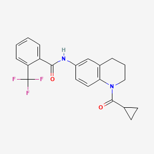 molecular formula C21H19F3N2O2 B2676770 N-[1-(cyclopropanecarbonyl)-3,4-dihydro-2H-quinolin-6-yl]-2-(trifluoromethyl)benzamide CAS No. 1005298-22-5