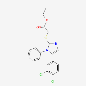 molecular formula C19H16Cl2N2O2S B2676775 ethyl 2-((5-(3,4-dichlorophenyl)-1-phenyl-1H-imidazol-2-yl)thio)acetate CAS No. 1207009-85-5
