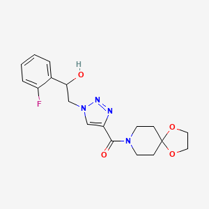 molecular formula C18H21FN4O4 B2676806 (1-(2-(2-氟苯基)-2-羟乙基)-1H-1,2,3-三唑-4-基)(1,4-二氧杂-8-氮杂螺[4.5]癸烷-8-基)甲酮 CAS No. 2034477-58-0