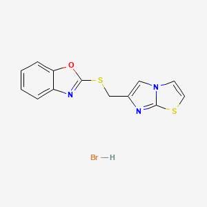 molecular formula C13H10BrN3OS2 B2676895 2-((Imidazo[2,1-b]thiazol-6-ylmethyl)thio)benzo[d]oxazole hydrobromide CAS No. 1052527-90-8