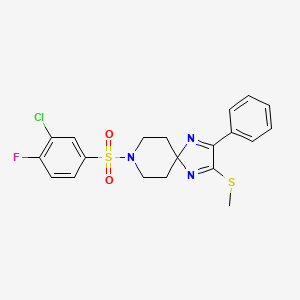 molecular formula C20H19ClFN3O2S2 B2676904 8-[(3-Chloro-4-fluorophenyl)sulfonyl]-2-(methylthio)-3-phenyl-1,4,8-triazaspiro[4.5]deca-1,3-diene CAS No. 932549-84-3