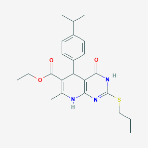 molecular formula C23H29N3O3S B2676950 Ethyl 5-(4-isopropylphenyl)-7-methyl-4-oxo-2-(propylthio)-3,4,5,8-tetrahydropyrido[2,3-d]pyrimidine-6-carboxylate CAS No. 923139-42-8