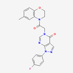 molecular formula C22H18FN5O3 B2676966 1-(4-fluorophenyl)-5-[2-(6-methyl-2,3-dihydro-4H-1,4-benzoxazin-4-yl)-2-oxoethyl]-1,5-dihydro-4H-pyrazolo[3,4-d]pyrimidin-4-one CAS No. 1260927-01-2