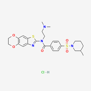 molecular formula C26H33ClN4O5S2 B2677048 N-(6,7-dihydro-[1,4]dioxino[2',3':4,5]benzo[1,2-d]thiazol-2-yl)-N-(2-(dimethylamino)ethyl)-4-((3-methylpiperidin-1-yl)sulfonyl)benzamide hydrochloride CAS No. 1321686-99-0