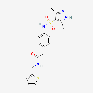 molecular formula C18H20N4O3S2 B2677071 2-(4-(3,5-dimethyl-1H-pyrazole-4-sulfonamido)phenyl)-N-(thiophen-2-ylmethyl)acetamide CAS No. 1286696-30-7