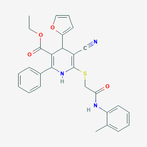 molecular formula C28H25N3O4S B267710 Ethyl 5-cyano-4-(2-furyl)-6-{[2-oxo-2-(2-toluidino)ethyl]sulfanyl}-2-phenyl-1,4-dihydro-3-pyridinecarboxylate 