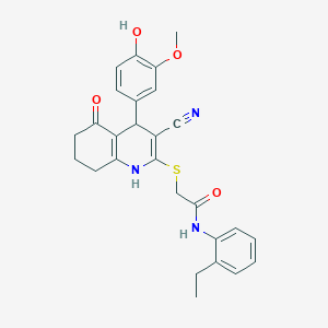 molecular formula C27H27N3O4S B267711 2-{[3-cyano-4-(4-hydroxy-3-methoxyphenyl)-5-oxo-1,4,5,6,7,8-hexahydro-2-quinolinyl]sulfanyl}-N-(2-ethylphenyl)acetamide 