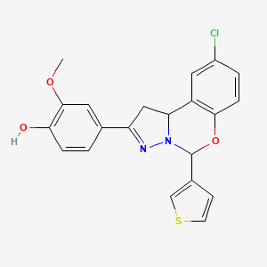 molecular formula C21H17ClN2O3S B2677135 4-(9-chloro-5-(thiophen-3-yl)-5,10b-dihydro-1H-benzo[e]pyrazolo[1,5-c][1,3]oxazin-2-yl)-2-methoxyphenol CAS No. 899985-05-8