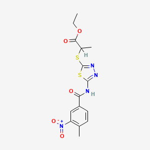 molecular formula C15H16N4O5S2 B2677138 乙酸2-((5-(4-甲基-3-硝基苯甲酰胺基)-1,3,4-噻二唑-2-基)硫)-丙酸酯 CAS No. 391874-97-8