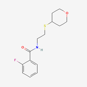 molecular formula C14H18FNO2S B2677192 2-fluoro-N-(2-((tetrahydro-2H-pyran-4-yl)thio)ethyl)benzamide CAS No. 2034491-91-1