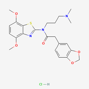 molecular formula C23H28ClN3O5S B2677285 2-(benzo[d][1,3]dioxol-5-yl)-N-(4,7-dimethoxybenzo[d]thiazol-2-yl)-N-(3-(dimethylamino)propyl)acetamide hydrochloride CAS No. 1330292-82-4