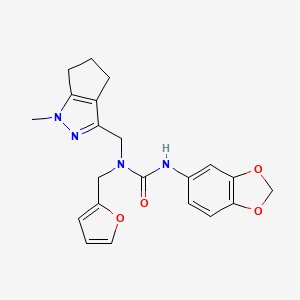 molecular formula C21H22N4O4 B2677293 3-(Benzo[d][1,3]dioxol-5-yl)-1-(furan-2-ylmethyl)-1-((1-methyl-1,4,5,6-tetrahydrocyclopenta[c]pyrazol-3-yl)methyl)urea CAS No. 1795303-43-3