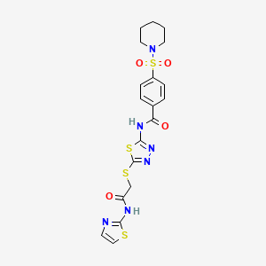 molecular formula C19H20N6O4S4 B2677312 N-(5-((2-oxo-2-(thiazol-2-ylamino)ethyl)thio)-1,3,4-thiadiazol-2-yl)-4-(piperidin-1-ylsulfonyl)benzamide CAS No. 392299-86-4