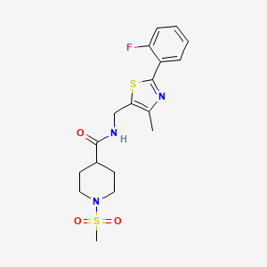 molecular formula C18H22FN3O3S2 B2677426 N-((2-(2-fluorophenyl)-4-methylthiazol-5-yl)methyl)-1-(methylsulfonyl)piperidine-4-carboxamide CAS No. 1797957-09-5