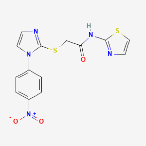molecular formula C14H11N5O3S2 B2677469 2-((1-(4-nitrophenyl)-1H-imidazol-2-yl)thio)-N-(thiazol-2-yl)acetamide CAS No. 851079-60-2
