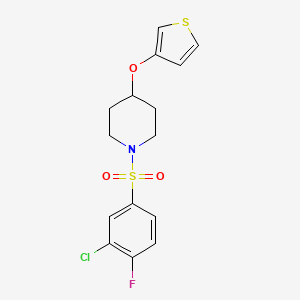 molecular formula C15H15ClFNO3S2 B2677473 1-((3-Chloro-4-fluorophenyl)sulfonyl)-4-(thiophen-3-yloxy)piperidine CAS No. 2034429-47-3