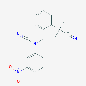 molecular formula C18H15FN4O2 B2677479 2-(2-{[Cyano(4-fluoro-3-nitrophenyl)amino]methyl}phenyl)-2-methylpropanenitrile CAS No. 1444597-62-9