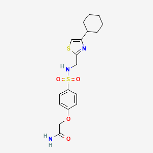 molecular formula C18H23N3O4S2 B2677625 2-(4-(N-((4-cyclohexylthiazol-2-yl)methyl)sulfamoyl)phenoxy)acetamide CAS No. 2034244-61-4
