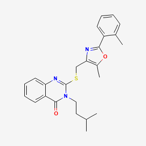 molecular formula C25H27N3O2S B2677643 3-isopentyl-2-(((5-methyl-2-(o-tolyl)oxazol-4-yl)methyl)thio)quinazolin-4(3H)-one CAS No. 1114827-44-9