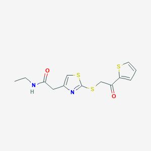 molecular formula C13H14N2O2S3 B2677872 N-乙基-2-(2-((2-氧代-2-(噻吩-2-基)乙基)硫基)噻唑-4-基)乙酰胺 CAS No. 1021052-53-8