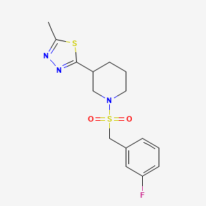 molecular formula C15H18FN3O2S2 B2677938 2-(1-((3-Fluorobenzyl)sulfonyl)piperidin-3-yl)-5-methyl-1,3,4-thiadiazole CAS No. 1219841-74-3
