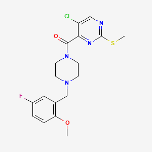 molecular formula C18H20ClFN4O2S B2677957 5-Chloro-4-{4-[(5-fluoro-2-methoxyphenyl)methyl]piperazine-1-carbonyl}-2-(methylsulfanyl)pyrimidine CAS No. 1147302-47-3