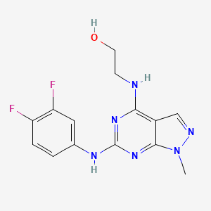molecular formula C14H14F2N6O B2677988 2-((6-((3,4-difluorophenyl)amino)-1-methyl-1H-pyrazolo[3,4-d]pyrimidin-4-yl)amino)ethanol CAS No. 897758-27-9