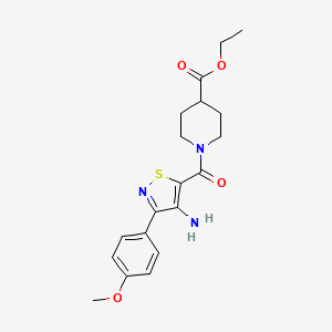 molecular formula C19H23N3O4S B2677993 盐酸乙酸1-(4-氨基-3-(4-甲氧基苯基)异噻唑-5-甲酰)哌啶-4-甲酸酯 CAS No. 1286702-07-5