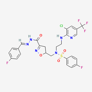 molecular formula C26H22ClF5N6O4S B2677999 N-(2-((3-Chloro-5-(trifluoromethyl)-2-pyridinyl)amino)ethyl)-4-fluoro-N-((3-((2-((4-fluorophenyl)methylene)hydrazino)carbonyl)-4,5-dihydro-5-isoxazolyl)methyl)benzenesulfonamide CAS No. 338961-96-9