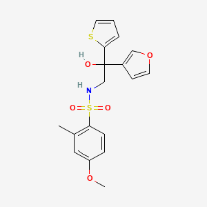 molecular formula C18H19NO5S2 B2678005 N-(2-(furan-3-yl)-2-hydroxy-2-(thiophen-2-yl)ethyl)-4-methoxy-2-methylbenzenesulfonamide CAS No. 2034239-56-8