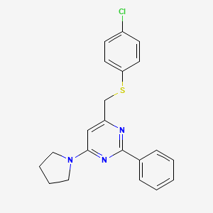 molecular formula C21H20ClN3S B2678044 4-(((4-Chlorophenyl)sulfanyl)methyl)-2-phenyl-6-(1-pyrrolidinyl)pyrimidine CAS No. 477867-08-6