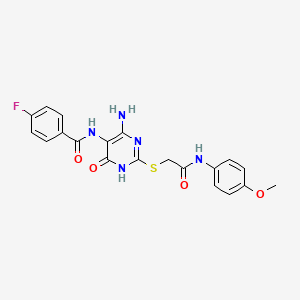molecular formula C20H18FN5O4S B2678045 N-(4-amino-2-((2-((4-methoxyphenyl)amino)-2-oxoethyl)thio)-6-oxo-1,6-dihydropyrimidin-5-yl)-4-fluorobenzamide CAS No. 888417-09-2
