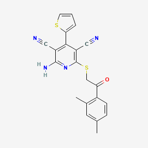 molecular formula C21H16N4OS2 B2678178 2-Amino-6-{[2-(2,4-dimethylphenyl)-2-oxoethyl]sulfanyl}-4-(thiophen-2-yl)pyridine-3,5-dicarbonitrile CAS No. 303786-18-7