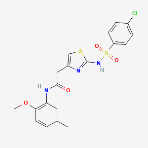 molecular formula C19H18ClN3O4S2 B2678209 2-(2-(4-chlorophenylsulfonamido)thiazol-4-yl)-N-(2-methoxy-5-methylphenyl)acetamide CAS No. 922100-06-9
