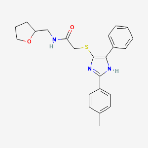 molecular formula C23H25N3O2S B2678252 2-{[2-(4-methylphenyl)-5-phenyl-1H-imidazol-4-yl]thio}-N-(tetrahydrofuran-2-ylmethyl)acetamide CAS No. 901231-38-7