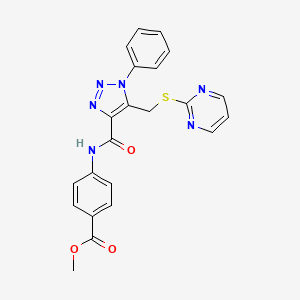 molecular formula C22H18N6O3S B2678260 methyl 4-(1-phenyl-5-((pyrimidin-2-ylthio)methyl)-1H-1,2,3-triazole-4-carboxamido)benzoate CAS No. 1209538-02-2