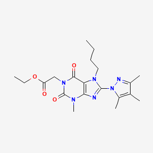 molecular formula C20H28N6O4 B2678303 ethyl 2-(7-butyl-3-methyl-2,6-dioxo-8-(3,4,5-trimethyl-1H-pyrazol-1-yl)-2,3,6,7-tetrahydro-1H-purin-1-yl)acetate CAS No. 1013762-72-5