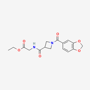 molecular formula C16H18N2O6 B2678311 Ethyl 2-(1-(benzo[d][1,3]dioxole-5-carbonyl)azetidine-3-carboxamido)acetate CAS No. 1396793-34-2