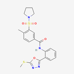 molecular formula C21H22N4O4S2 B2678454 4-甲基-N-(2-(5-(甲硫基)-1,3,4-噁二唑-2-基)苯基)-3-(吡咯烷-1-基磺酰基)苯甲酰胺 CAS No. 890595-13-8