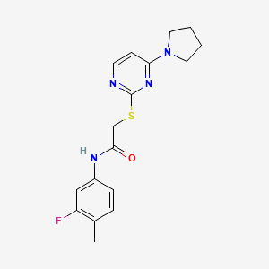 molecular formula C17H19FN4OS B2678477 N-(3-fluoro-4-methylphenyl)-2-((4-(pyrrolidin-1-yl)pyrimidin-2-yl)thio)acetamide CAS No. 1251678-10-0