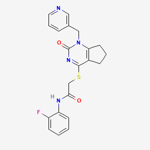 molecular formula C21H19FN4O2S B2678500 N-(2-fluorophenyl)-2-((2-oxo-1-(pyridin-3-ylmethyl)-2,5,6,7-tetrahydro-1H-cyclopenta[d]pyrimidin-4-yl)thio)acetamide CAS No. 946374-12-5