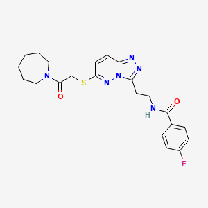 molecular formula C22H25FN6O2S B2678503 N-(2-(6-((2-(azepan-1-yl)-2-oxoethyl)thio)-[1,2,4]triazolo[4,3-b]pyridazin-3-yl)ethyl)-4-fluorobenzamide CAS No. 897758-63-3