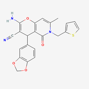 molecular formula C22H17N3O4S B2678512 2-氨基-4-(1,3-苯并二氧杂噻吩-5-基)-7-甲基-5-氧代-6-(噻吩-2-基甲基)-5,6-二氢-4H-吡喃[3,2-c]吡啶-3-基碳腈 CAS No. 638138-98-4