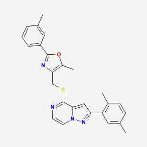 2-(2,5-Dimethylphenyl)-4-({[5-methyl-2-(3-methylphenyl)-1,3-oxazol-4-yl]methyl}thio)pyrazolo[1,5-a]pyrazine