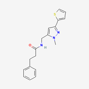 molecular formula C18H19N3OS B2678548 N-[(2-Methyl-5-thiophen-2-ylpyrazol-3-yl)methyl]-3-phenylpropanamide CAS No. 2309748-50-1